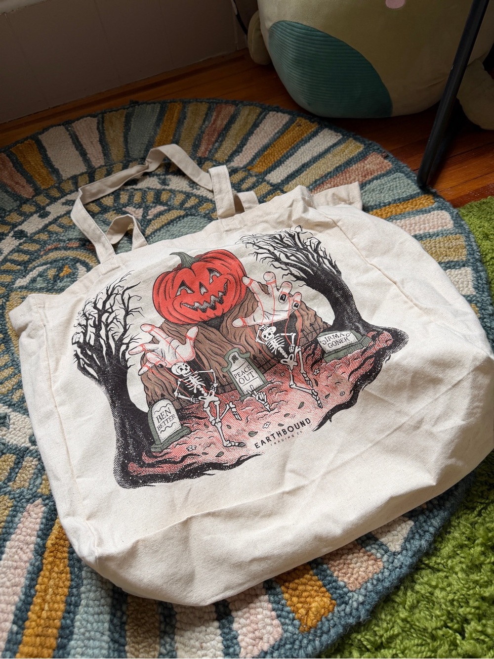 EARTHBOUND Cream Canvas Tote with Orange Pumpkin & Black Graphic